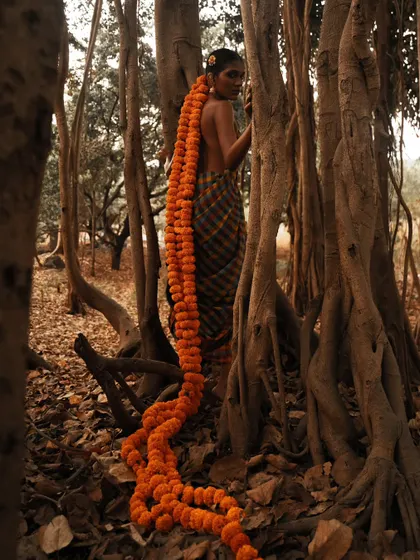 A conceptual outdoor shoot featuring a dramatic trail of marigold flowers. This image blends tradition with high-fashion artistry.