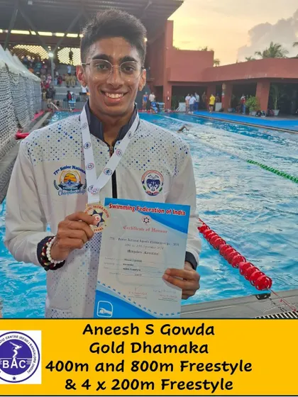 A collage celebrating Aneesh Gowda's gold medal dhamaka.