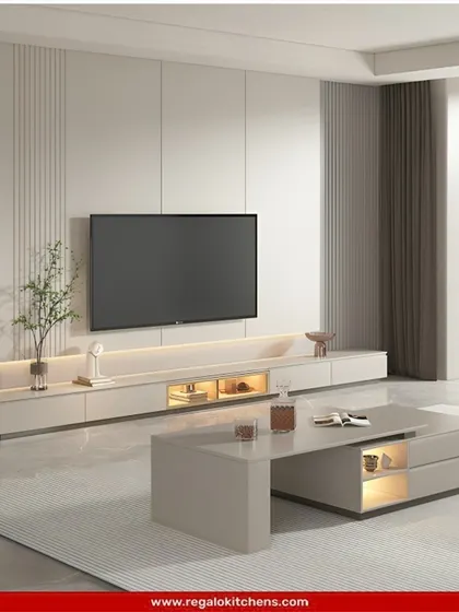 A clean, expansive media unit in a neutral palette. The long, floating console is paired with a matching coffee table, creating a harmonious and modern living space.
