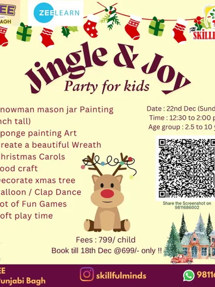 Our Jingle & Joy Party poster, offering a range of Christmas crafts like snowman mason jar painting and wreath making, along with carols, games, and soft play time.