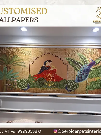 This custom wallpaper showcases a traditional Rajasthani art style, bringing a touch of cultural heritage and elegance to the space.