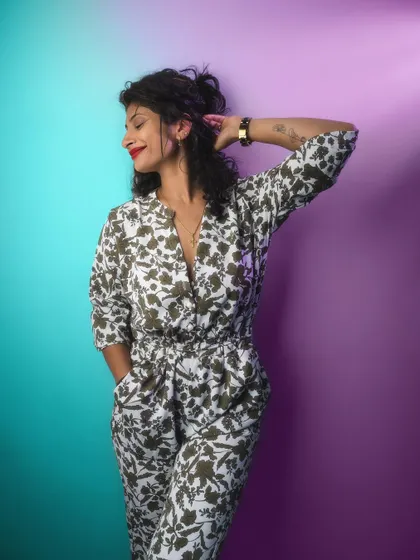 Playing with a two-toned background using colored lights. This is a fun way to add a lot of personality and a modern, graphic feel to studio portraits.
