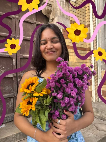 A happy moment with a bouquet of flowers, surrounded by sunflower and ribbon doodles. Pure joy.