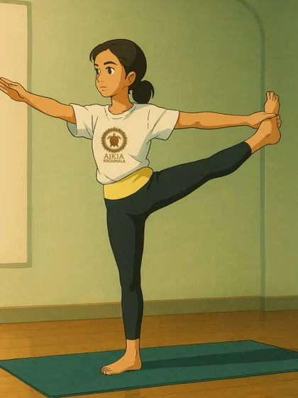 Another beautiful Ghibli-inspired illustration, this time of Utthita Hasta Padangusthasana, blending the art of yoga with the art of animation.