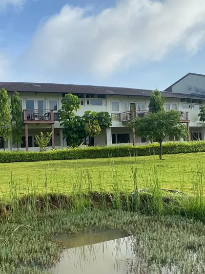 The lush green lawn meets the water's edge in front of our guest accommodations. Each room is designed to provide a direct connection to the healing power of the natural world just outside your door.