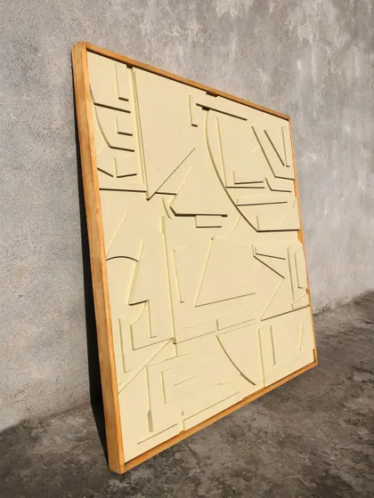 Another side view of the 'Dreamscape' art, emphasizing its solid oak frame and the depth of the relief sculpture.
