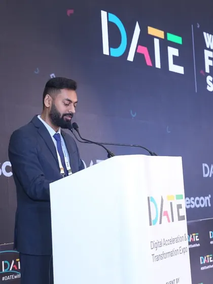 A formal shot of me at the podium during the World Fintech Show. This demonstrates my professional emcee persona, suitable for high-stakes corporate environments.
