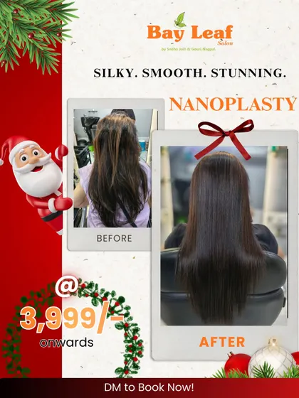 Get party-ready with stunning, silky-smooth hair. This before and after shot shows the beautiful results of our Nanoplasty treatment, perfect for any festive season.