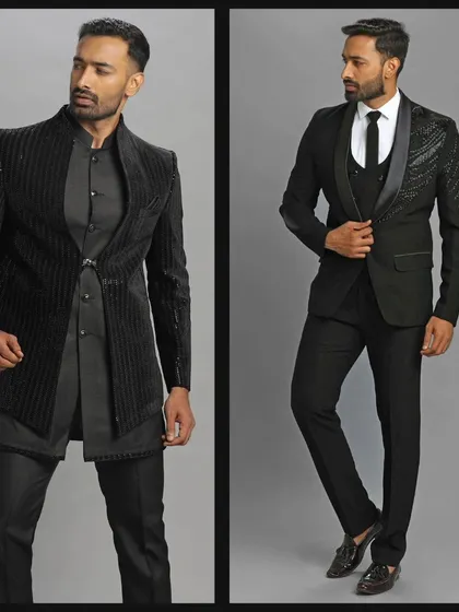 A black velvet Indo-Western and a black embroidered suit. The epitome of dark, dramatic style.