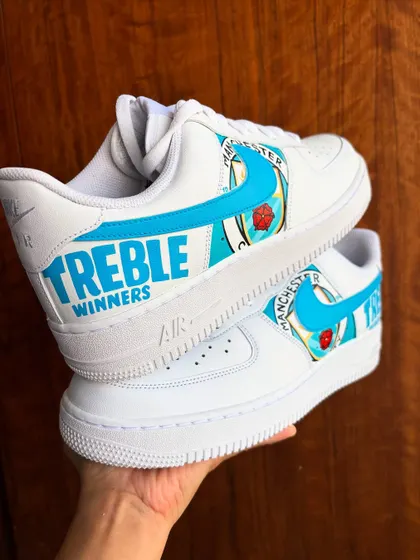 A different view of the Man City custom AF1s, showing how the design wraps around the shoe.