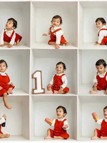My signature box photography is a fun and unique way to celebrate a milestone. This collage captures nine different expressions and moments from a first birthday shoot, creating a single, dynamic piece of art.