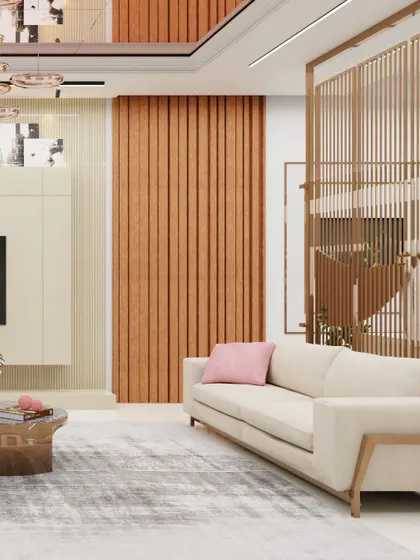 Another angle of the beach-inspired living room, showing the vertical wood paneling and soft, neutral sofa. The design focuses on clean lines and natural textures to evoke a sense of calm and relaxation.