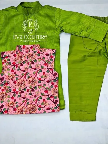 The lime green three-piece kurta set shown again. These sets are versatile and can be worn with or without the jacket.