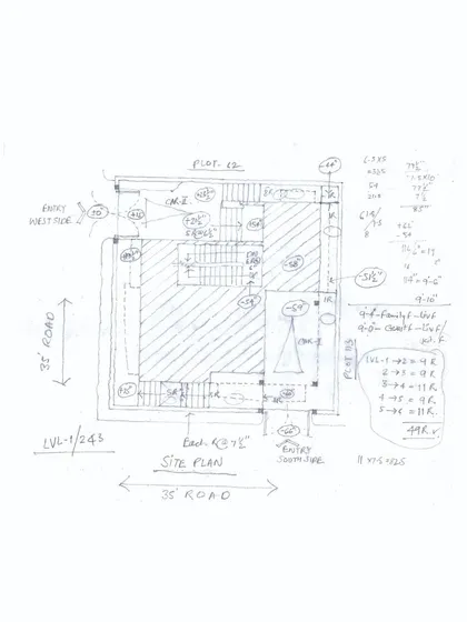 An identical site plan sketch, complete with preliminary calculations and notes that guide the project's development.
