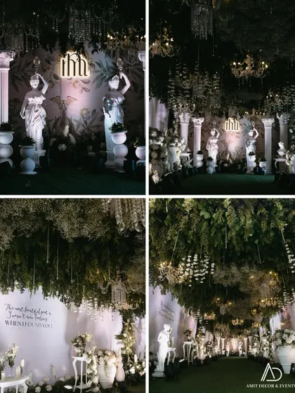 A collage showcasing different views of the enchanting walkway, with its green ceiling, hanging chandeliers, classical statues, and romantic quotes.