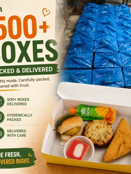 Bagged snack boxes and an open sample box appear together in our bulk-order display, showing the outer packing and food inside.