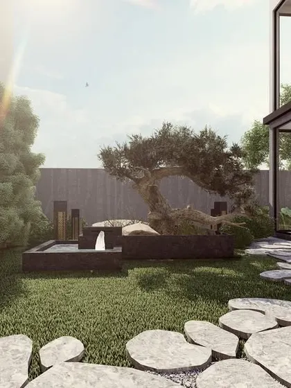 A Zen garden concept for our Celestia project in Ludhiana. Featuring a mature bonsai tree, a gentle water feature, and carefully placed stones, this courtyard is designed to be a peaceful, meditative heart of the home.