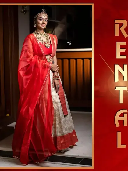 A stunning couple's combination featuring a red and cream tissue half saree for her.
