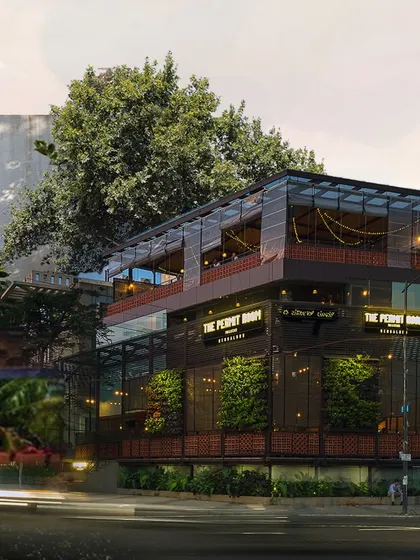 Another view of the restaurant concept, showcasing how we integrate existing trees and greenery into the architectural design.