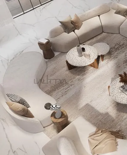 An overhead render of a seating arrangement, focusing on the organic shapes of the curved sofas and terrazzo coffee tables. This demonstrates our meticulous approach to furniture selection and layout to create a harmonious and functional space.