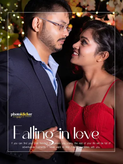 An album page design with a close-up portrait and the text "Falling in love," capturing the intimacy of the moment.