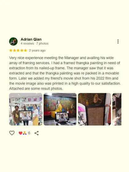 This client needed a delicate thangka painting extracted from an old, nailed-up frame. Our team carefully handled the extraction and reframed it in a movable, archival-quality frame.