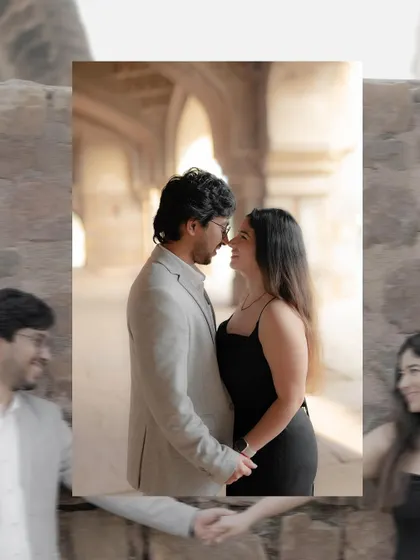 A photo collage capturing the candid and romantic moments of a pre-wedding shoot. It shows the couple's natural interactions, from shared laughter to a quiet embrace, against a historic backdrop.