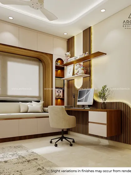 This luxurious study nook features a floating desk with drawers and a cozy bay window seater with storage underneath, framed by elegant wood paneling.