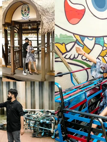 A collage showcasing the fun side of a destination shoot, from a traditional tuk-tuk ride to moments in a rustic, waterside village.