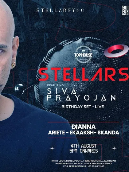 The main act poster for 'Stellars', a live birthday set by Siva Prayojan. This shows how I create events centered around special artist showcases, providing a unique experience for the audience.