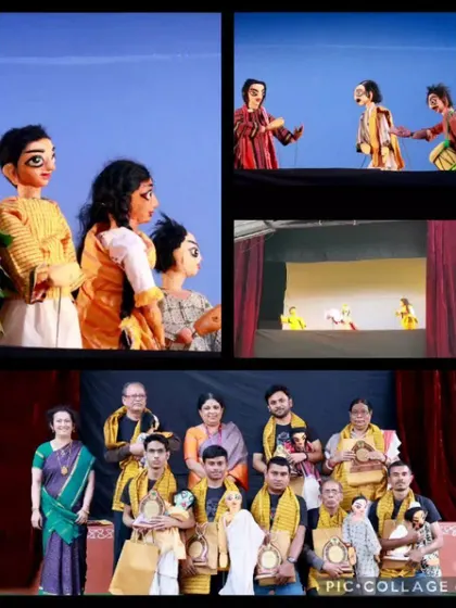 A collage showing different styles of puppetry presented at the festival, along with a group photo of the talented artists who participated.