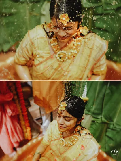 A diptych showing the bride's reaction as she is showered with water during the Haldi ceremony.