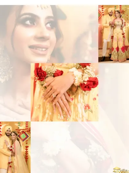 A collage showcasing various moments from the Haldi, including the floral jewelry and the couple's portraits.