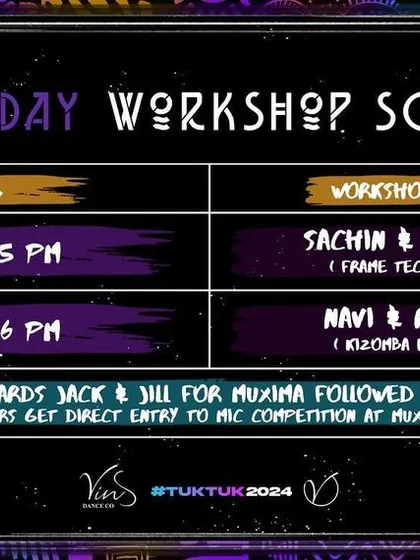 Here is the detailed Friday workshop schedule for the Tuk Tuk festival. The weekend kicks off with frame techniques and Kizomba Ginga, followed by a Jack & Jill competition.