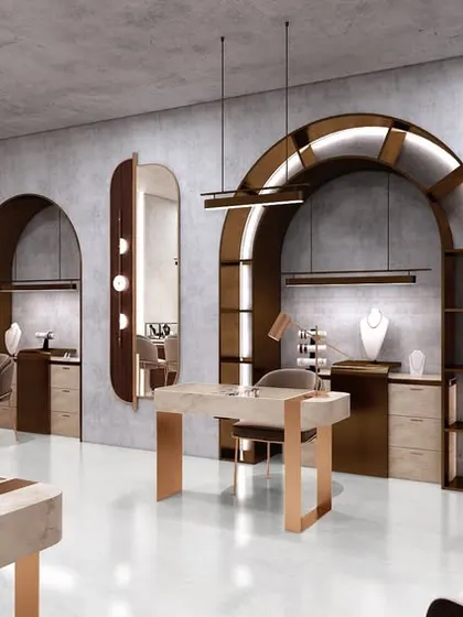 A render of our upcoming jewelry studio project in Gurugram. The design is minimalist and sophisticated, with arched display units, soft lighting, and comfortable seating to create a luxurious shopping experience.