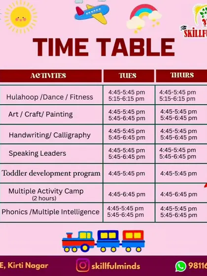 The time table for our Kirti Nagar center, outlining the schedule for activities on Tuesdays and Thursdays.