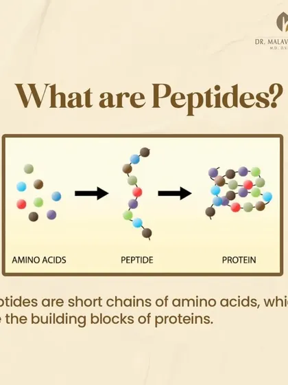What are peptides? This graphic explains that they are short chains of amino acids, which are the building blocks of proteins like collagen and elastin, essential for skin structure and firmness.