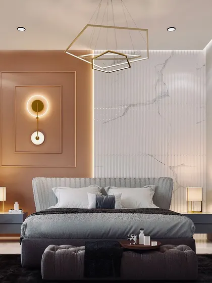 A render of a master bedroom that exudes modern luxury, with a statement wall combining marble and fluted panels, and unique bedside lighting.