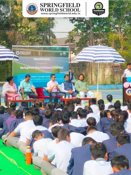 Our founder and school directors addressing students at the inauguration of our programs at Springfield World School, fostering a new community of tennis lovers.