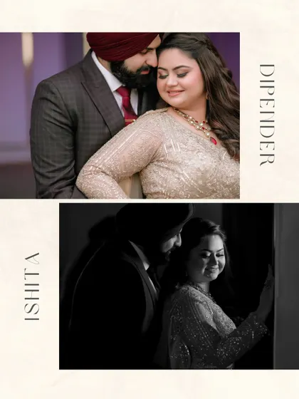 A diptych of Ishita and Dipender, blending a color close-up with a moody black and white shot. This contrast highlights the different facets of their connection, from tender to timeless.
