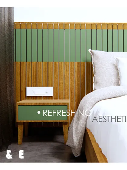 A 3D render focusing on the refreshing aesthetics of the master bedroom's bedside, with its mix of green and natural wood textures.