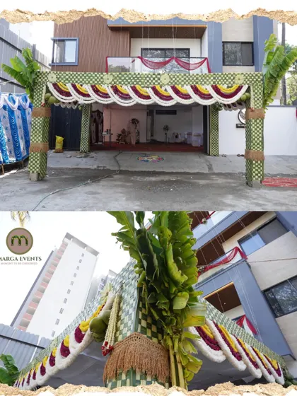 A new home deserves a grand welcome. I constructed this large, traditional entrance arch for a housewarming using authentic materials like woven coconut leaves, fresh banana leaves, and garlands of marigold and jasmine for an auspicious beginning.
