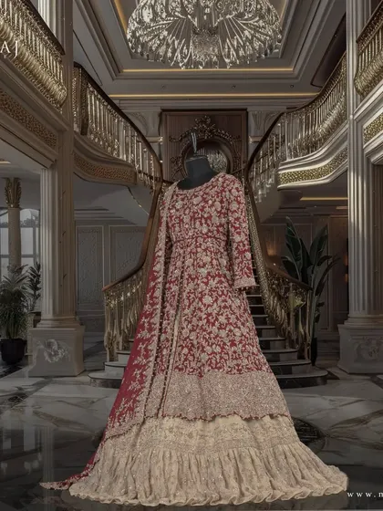 A side view of the reddish maroon Indo-Western outfit, showcasing its light gold tail farshi lehenga.