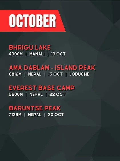 Our trek calendar for October 2025. This is peak season in Nepal, with expeditions to Ama Dablam, Island Peak, and Baruntse, as well as another batch for Everest Base Camp.