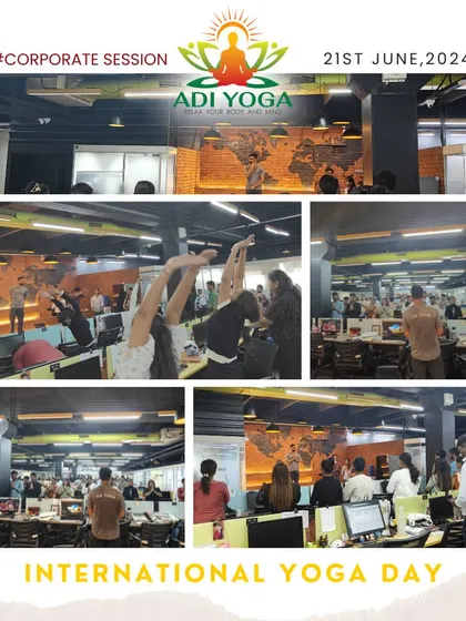 I bring the calm to your office. This collage is from an International Yoga Day session I conducted, helping a busy team find a moment to stretch, breathe, and reset right at their desks. Corporate wellness sessions are a great way to boost team morale and productivity.