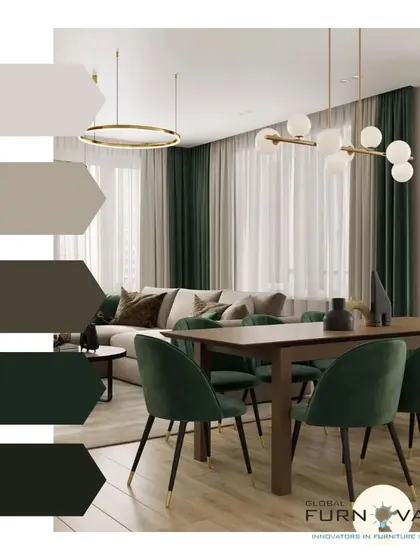 A demonstration of a classic nude and earth-toned color scheme. The dark green velvet dining chairs provide a rich contrast against the wooden table and neutral living room background.