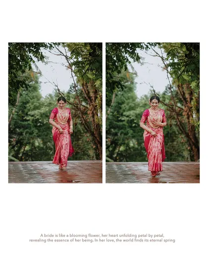 A diptych of the bride walking gracefully in a garden.