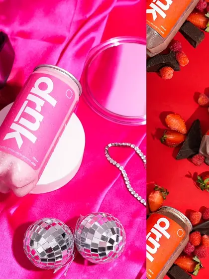 This shot uses a "party" theme with disco balls and satin fabric to create a fun, glamorous vibe for these drinks. The bold pink and red backgrounds make the images pop, perfect for a youthful brand.
