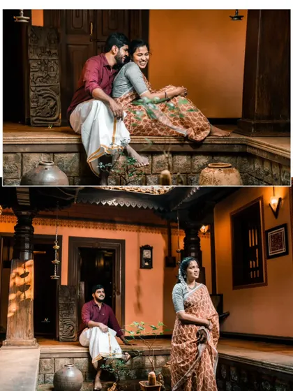 A collage of a couple posing in a traditional home, showcasing the rustic charm and their relaxed, happy mood.