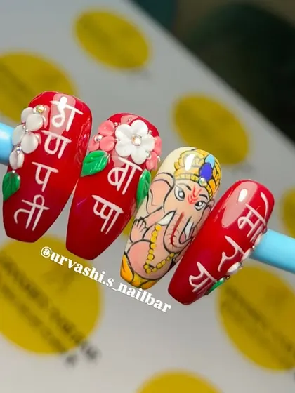 Creating art like this is what I love to teach. This Ganpati-inspired set involves detailed portrait work, delicate Devanagari script, and 3D floral elements. Learning these advanced techniques allows you to offer truly special and intricate designs to your clients.